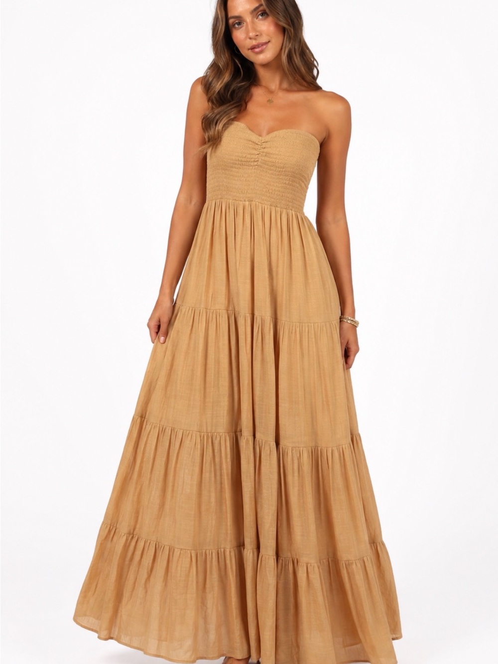 Stitch + Feather Tan Strapless Smocked Tiered Maxi Dress Size S